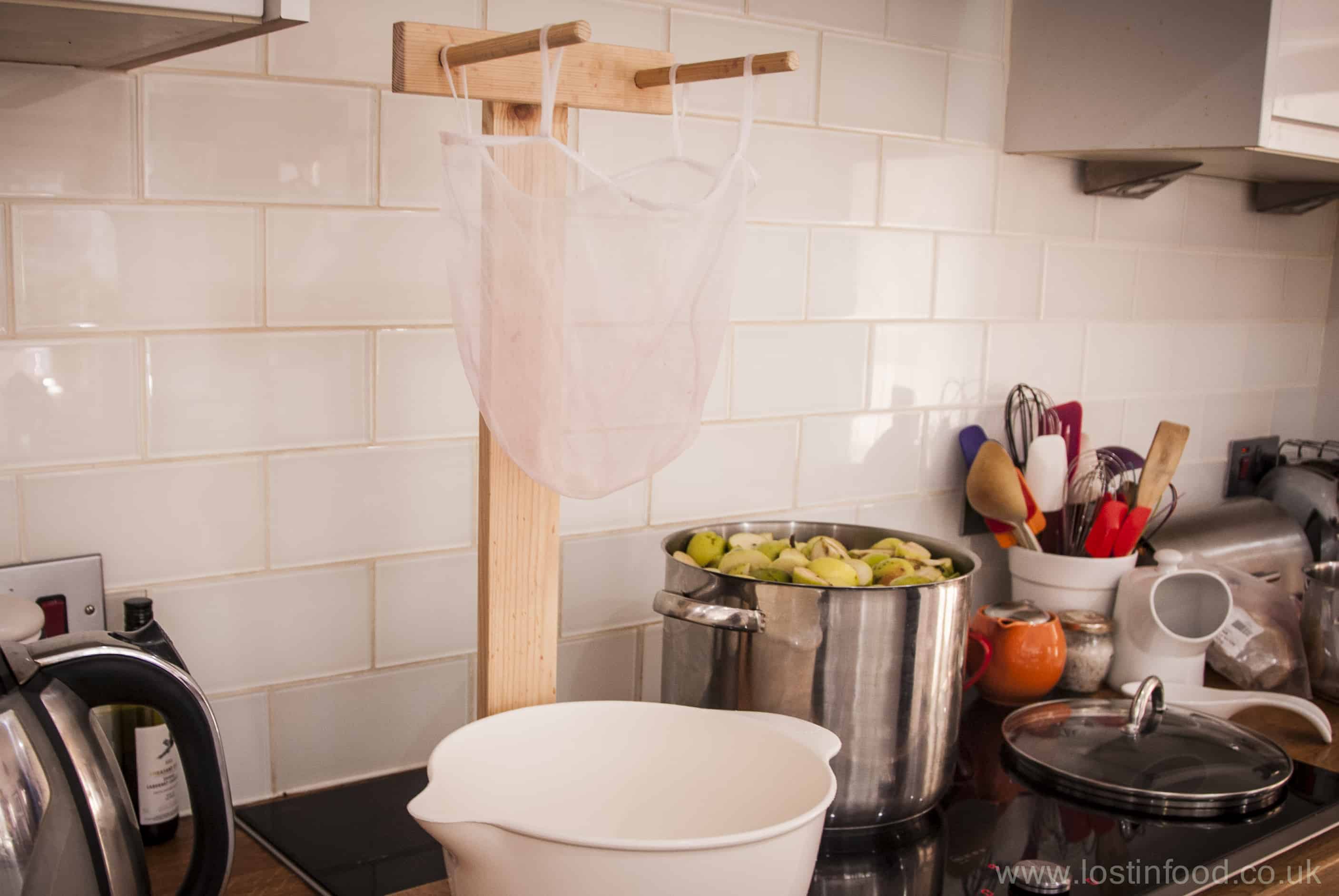 homemade jelly bag, with bowl under to catch all the juice