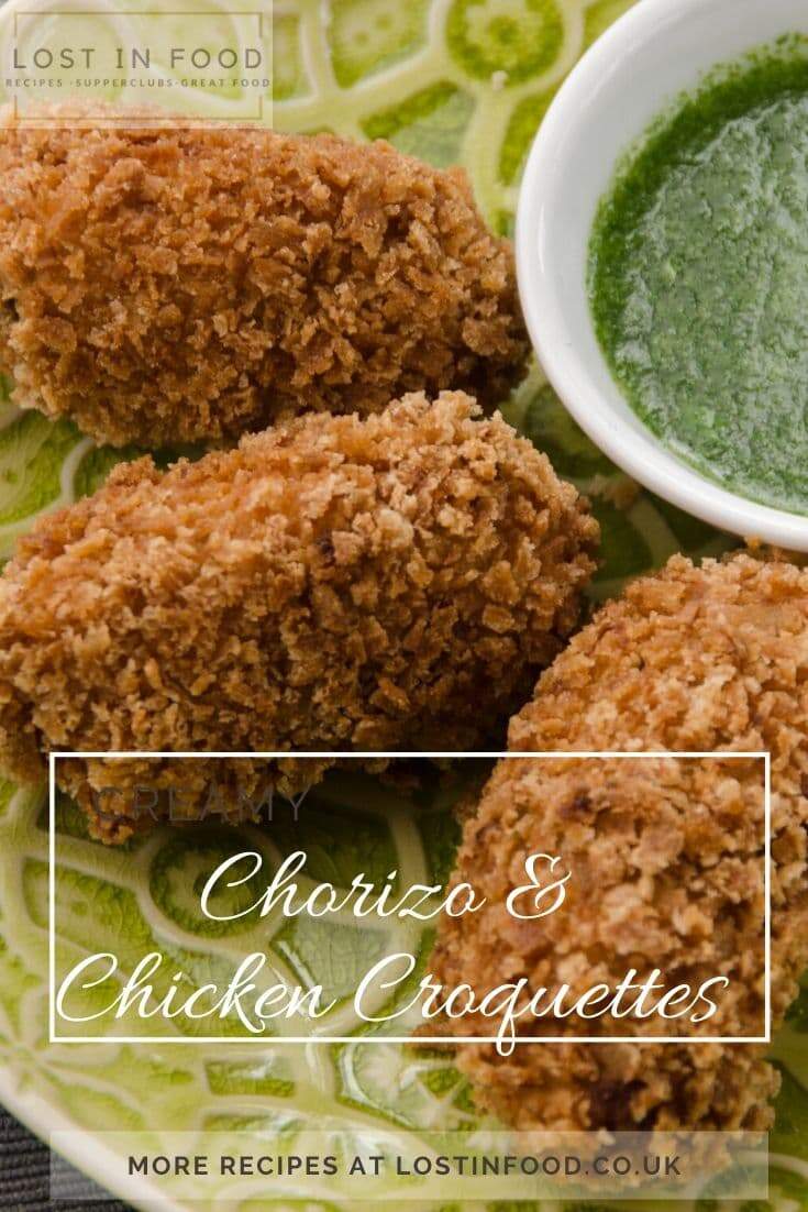 Creamy chicken and chorizo croquettes are Spanish inspired and crunchy as they are deep fried in Panko breadcrumbs. They make a great addition to a main course with roasted chicken or as a party food or appetizer.