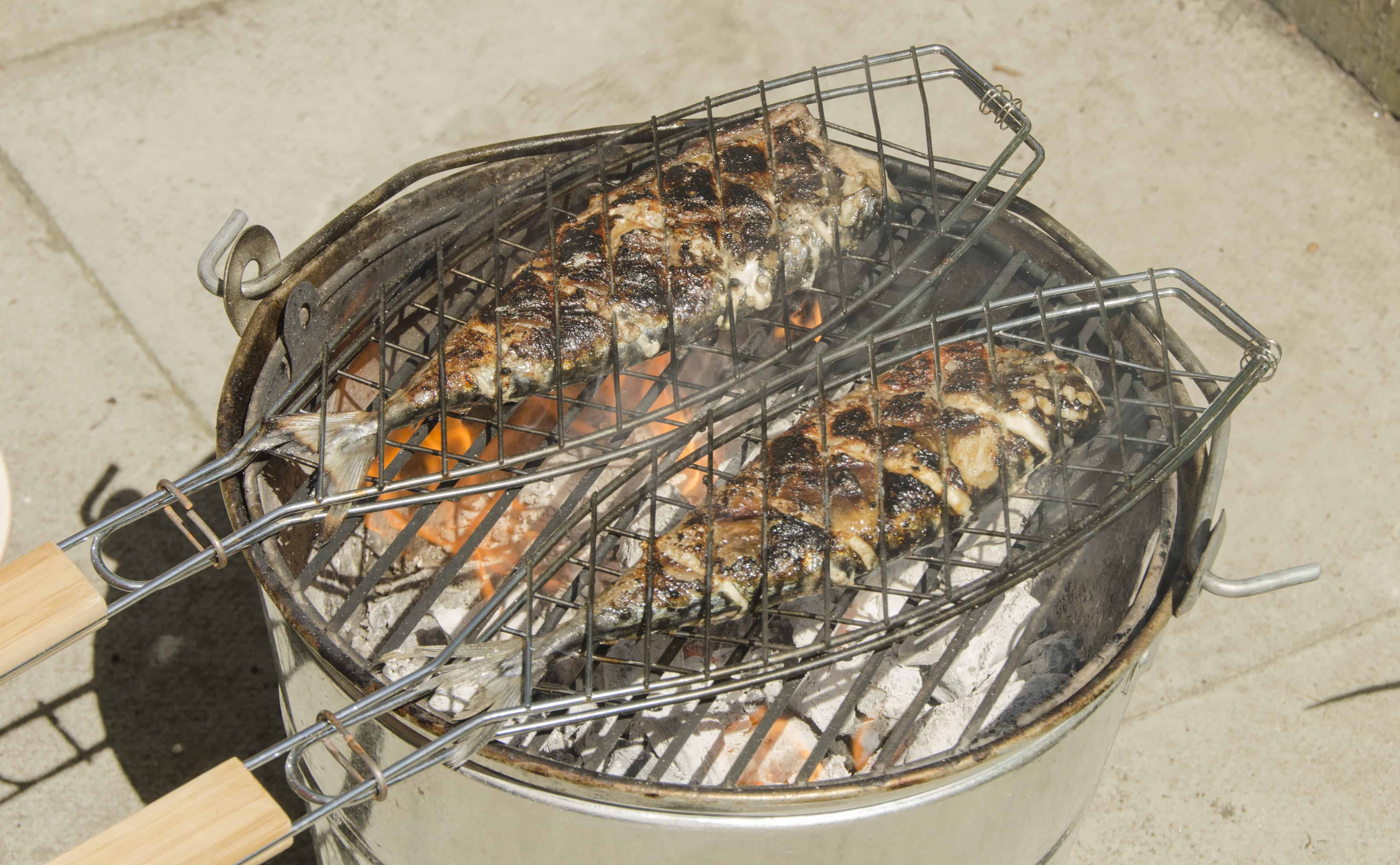 BBQ mackerel fillets over a charcoal bucket grill.