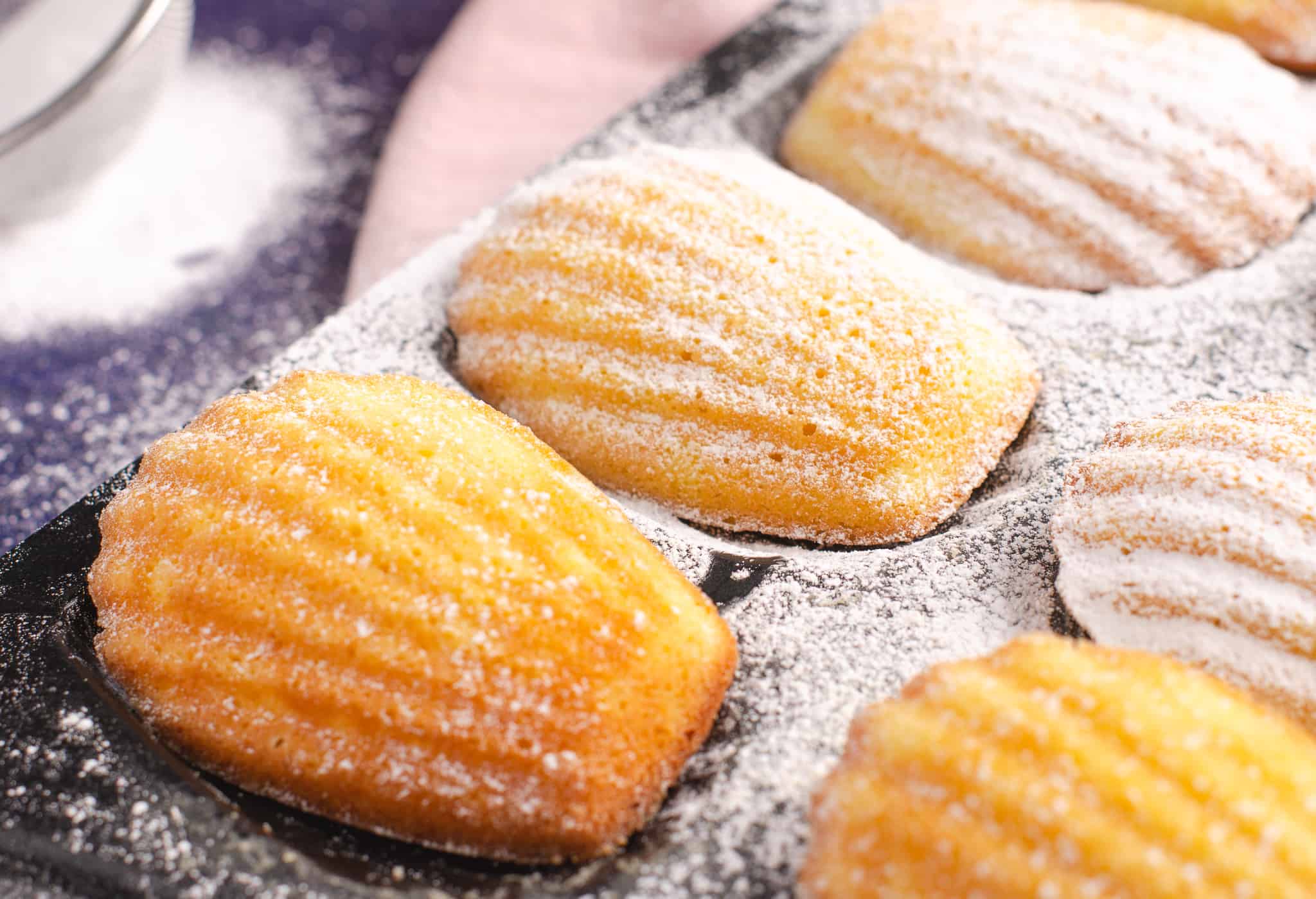 Close up of Madeleines in a baking tray dusted with icing sugar