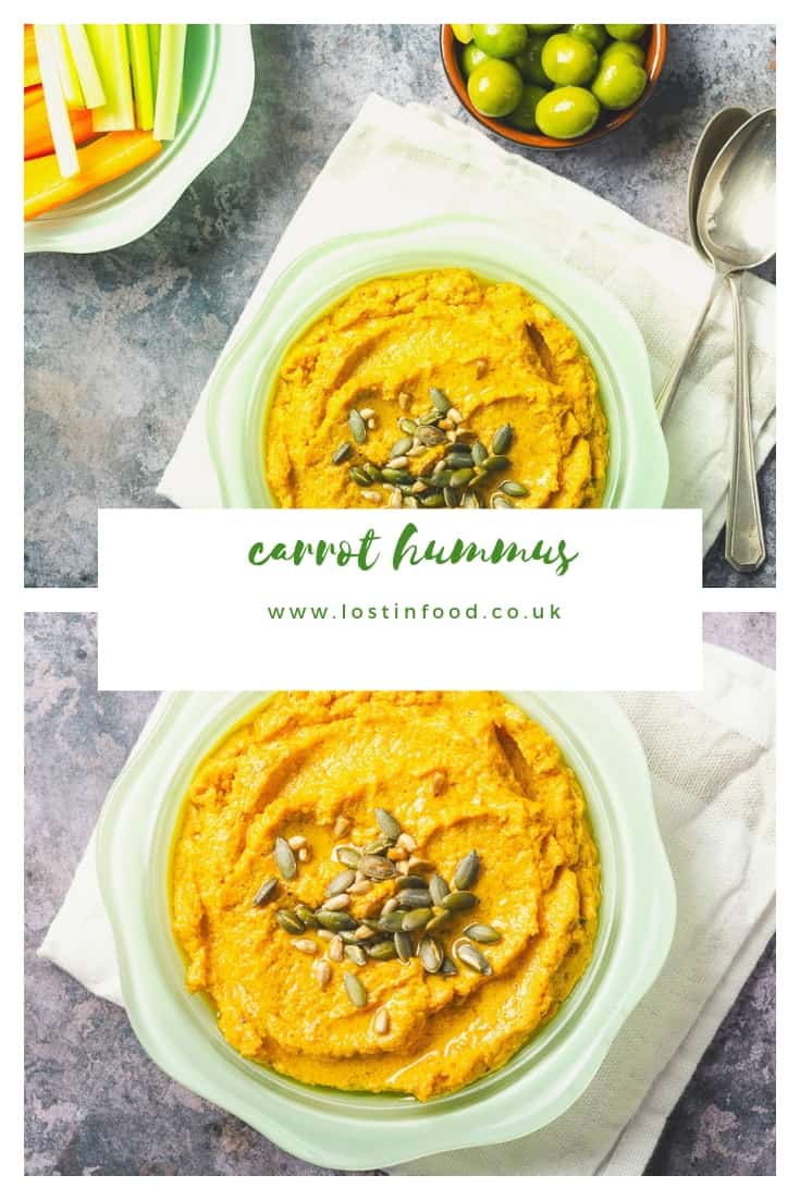 carrot hummus with vegetable sticks collage for Pinterest