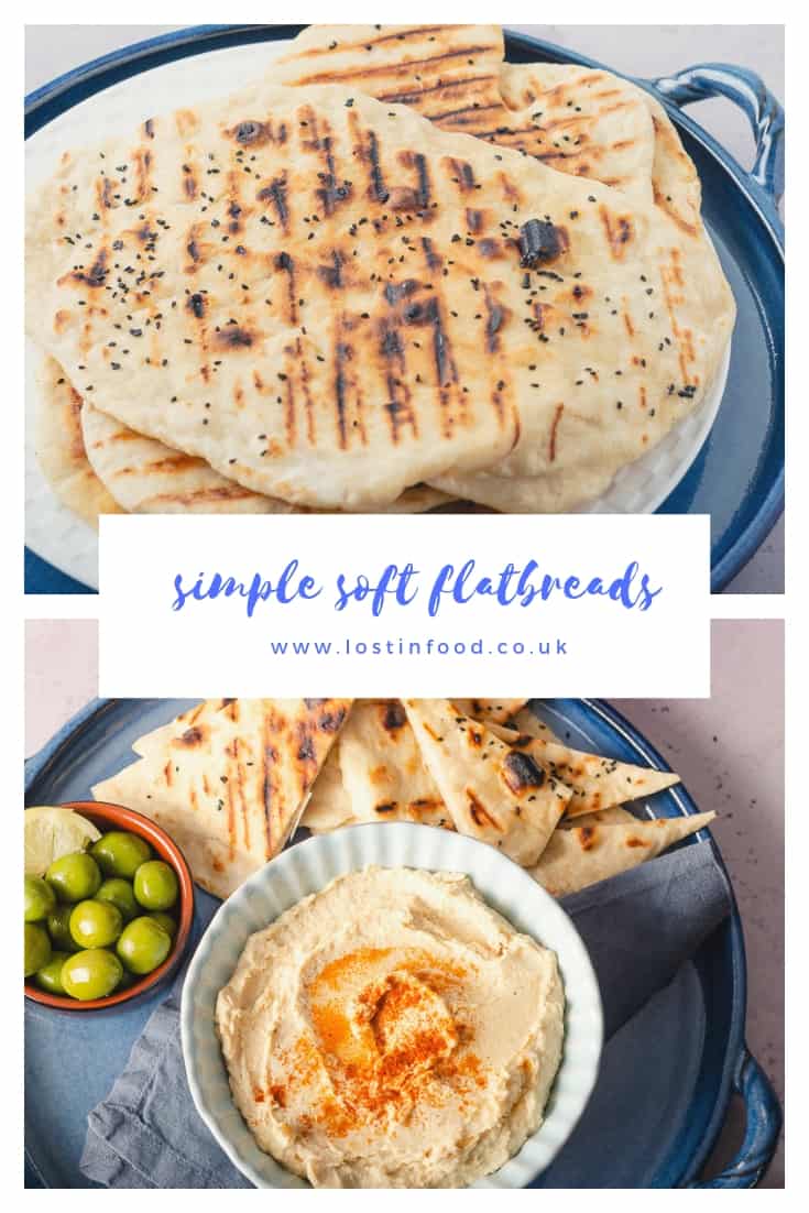Pinterest image of flatbreads and second image showing flatbreads served with hummus