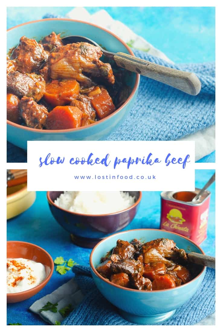 a pinterest collage of a hearty bowl of paprika beef with a serving of rice and sour cream