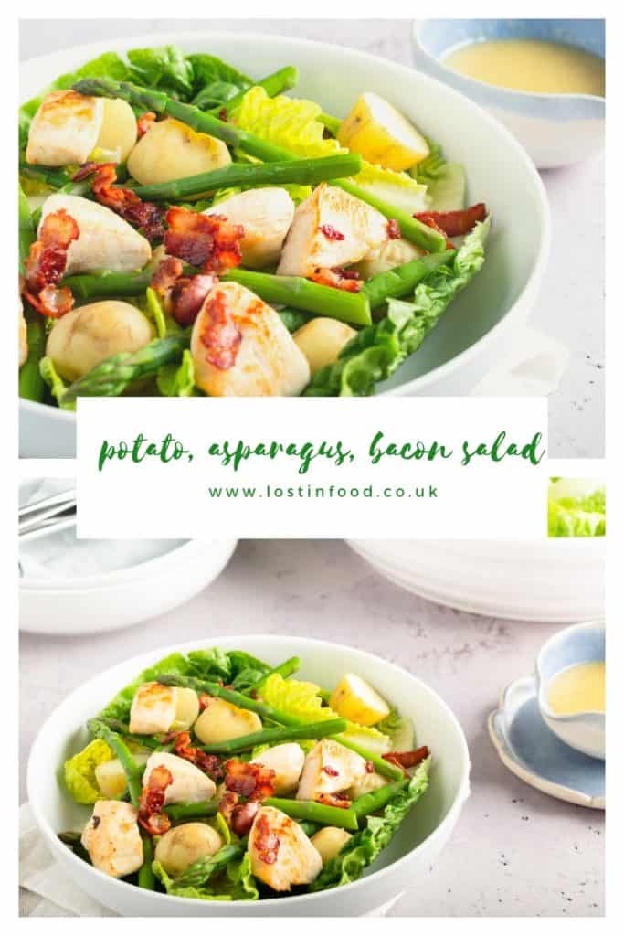 a pinterest collage of a warm salad of chicken, bacon, asparagus, and new potatoes on a bed of little gem leaves