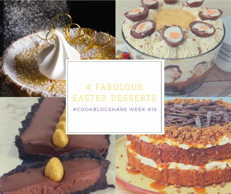 #CookBlogShare collage of 4 photos, chocolate tart, lemon tart, creme egg trifle and banoffee cake for easter
