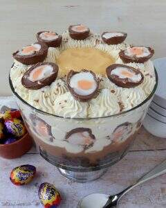 #CookBlogShare image of baking explorer creme eggs trifle, with chocolate brownies, chocolate custard and cream