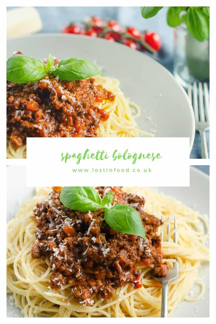 A collage of 2 photos of spaghetti bolognese topped with parmesan cheese and basil overlaid with the name of the dish.
