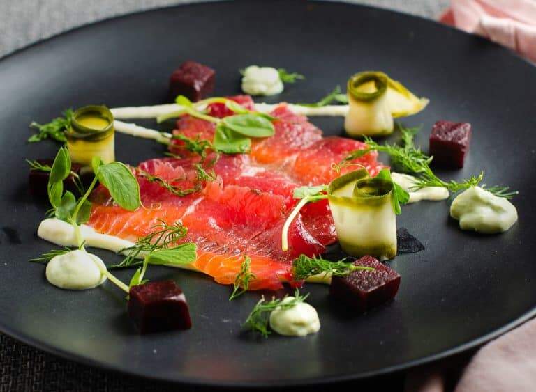 beetroot cured salmon with pickled cucumber, horseradish & avocado ...