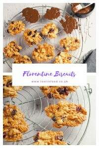 Two pictures of Nutty florentine biscuits, some covered with chocolate and some not on a round cooling trivet, and a small pot of melted chocolate and brush.