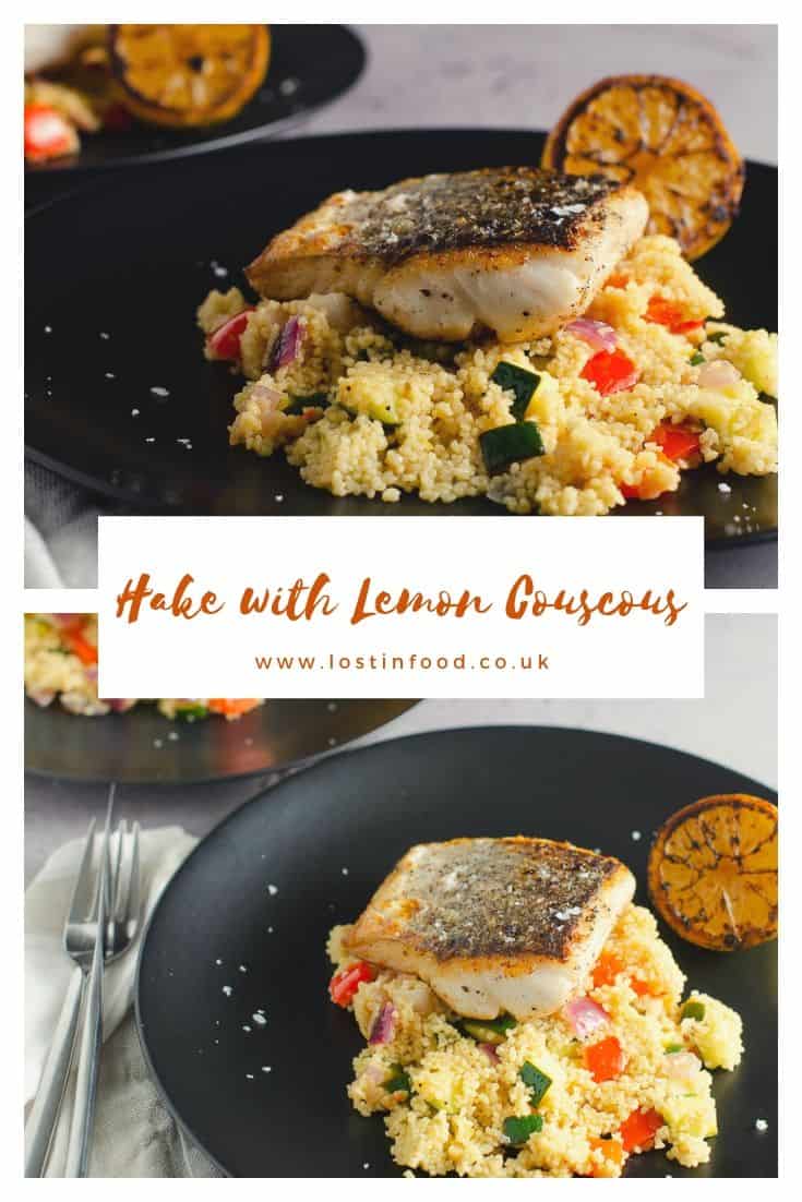 a collage of 2 images of pan fried hake on a bed of lemon and vegetable couscous on a black plate with charred lemons on the side.