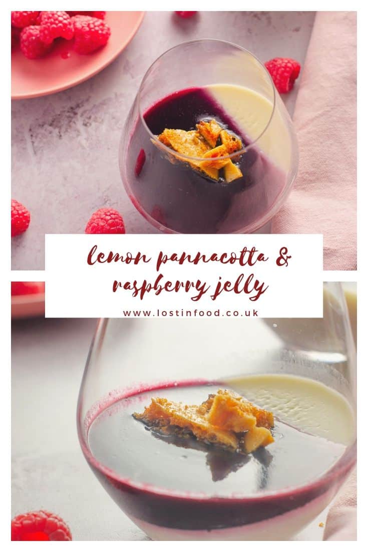 two photos of a glass with lemon pannacotta and topped with raspberry jelly and homemade honeycomb pieces with a label written in the middle to title the dish.