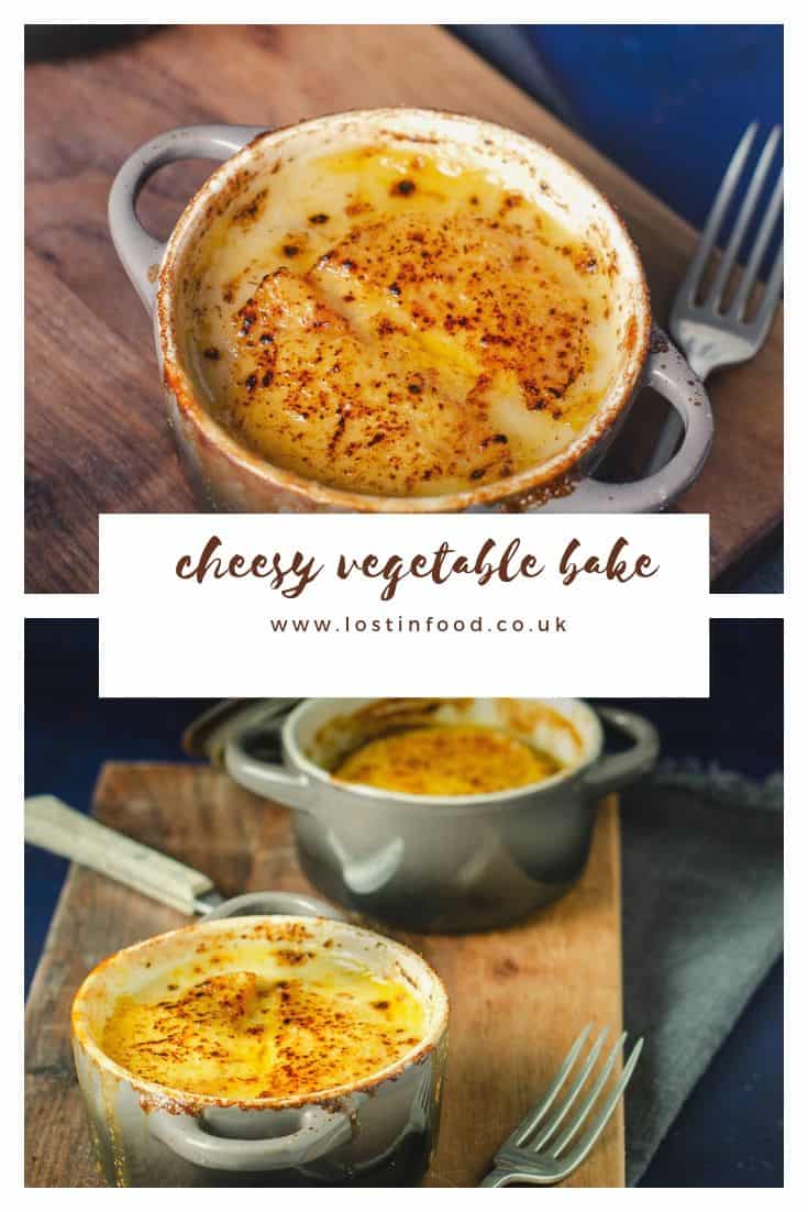 two images of a small casserole dish filled and oozing over the edges with baked cheese sauce of a cheesy vegetable bake and served on a wooden chopping board.