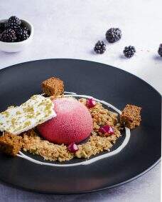 A blackberry parfait surrounded by an oat & pistachio crumb, pieces of ginger cake, blackberry curd and sweetened yogurt all on a matt black plate and fresh blackberries in the background.