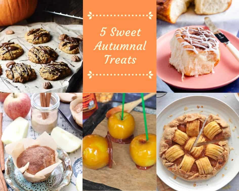 A 5 image collage of autumnal treats, including pumpkin cookies, apple & Cinnamon muffins, apple galette, toffee apples and cinnamon rolls