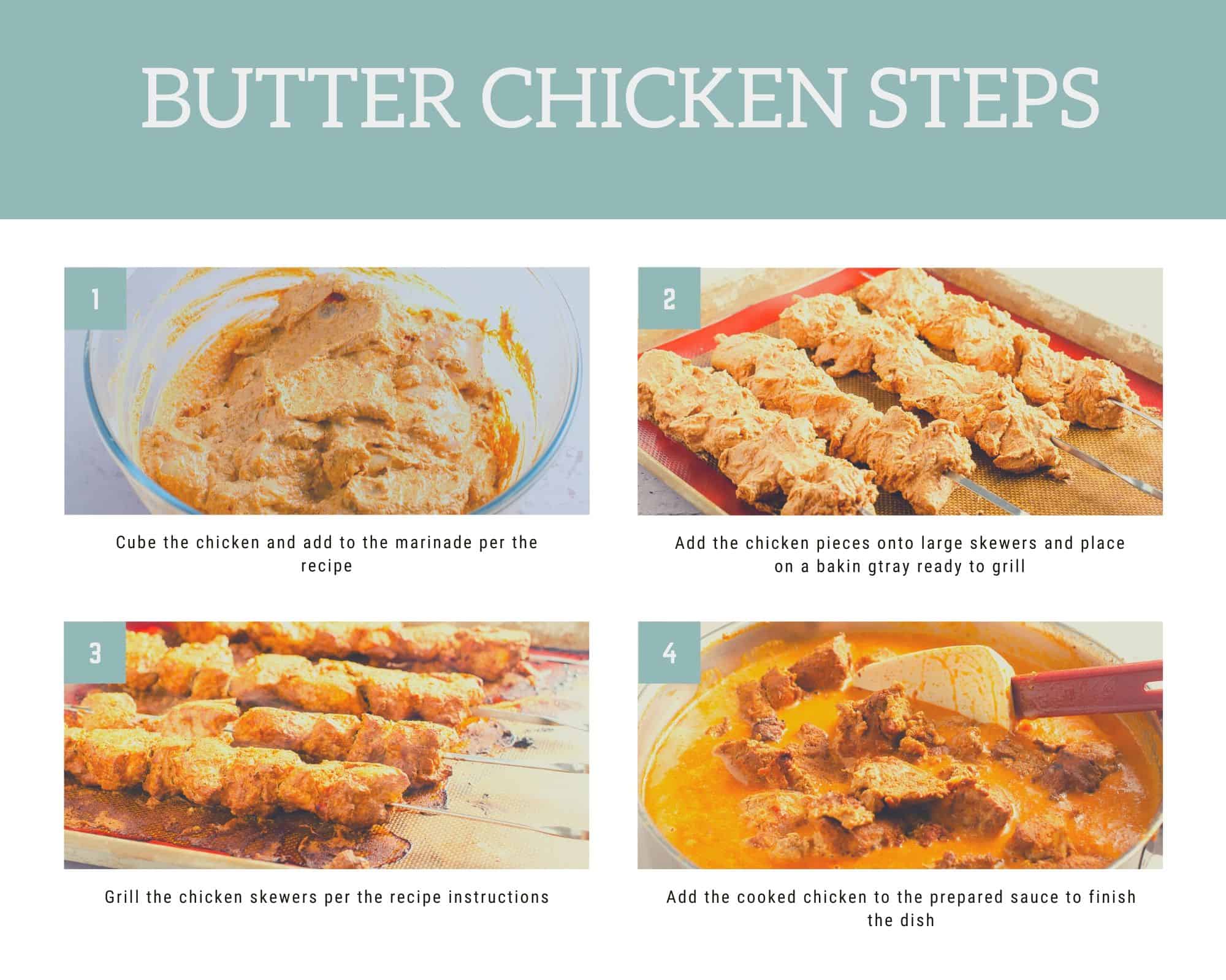 a collage of 4 photos showing the steps of how to make butter chicken from the marinade to the final adding to the sauce.