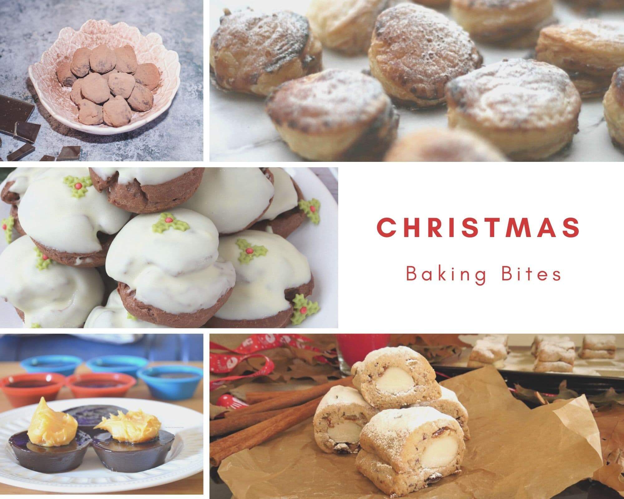 A collage of images for Christmas baking including stollen, mince pies, chocolate truffles and profiteroles.