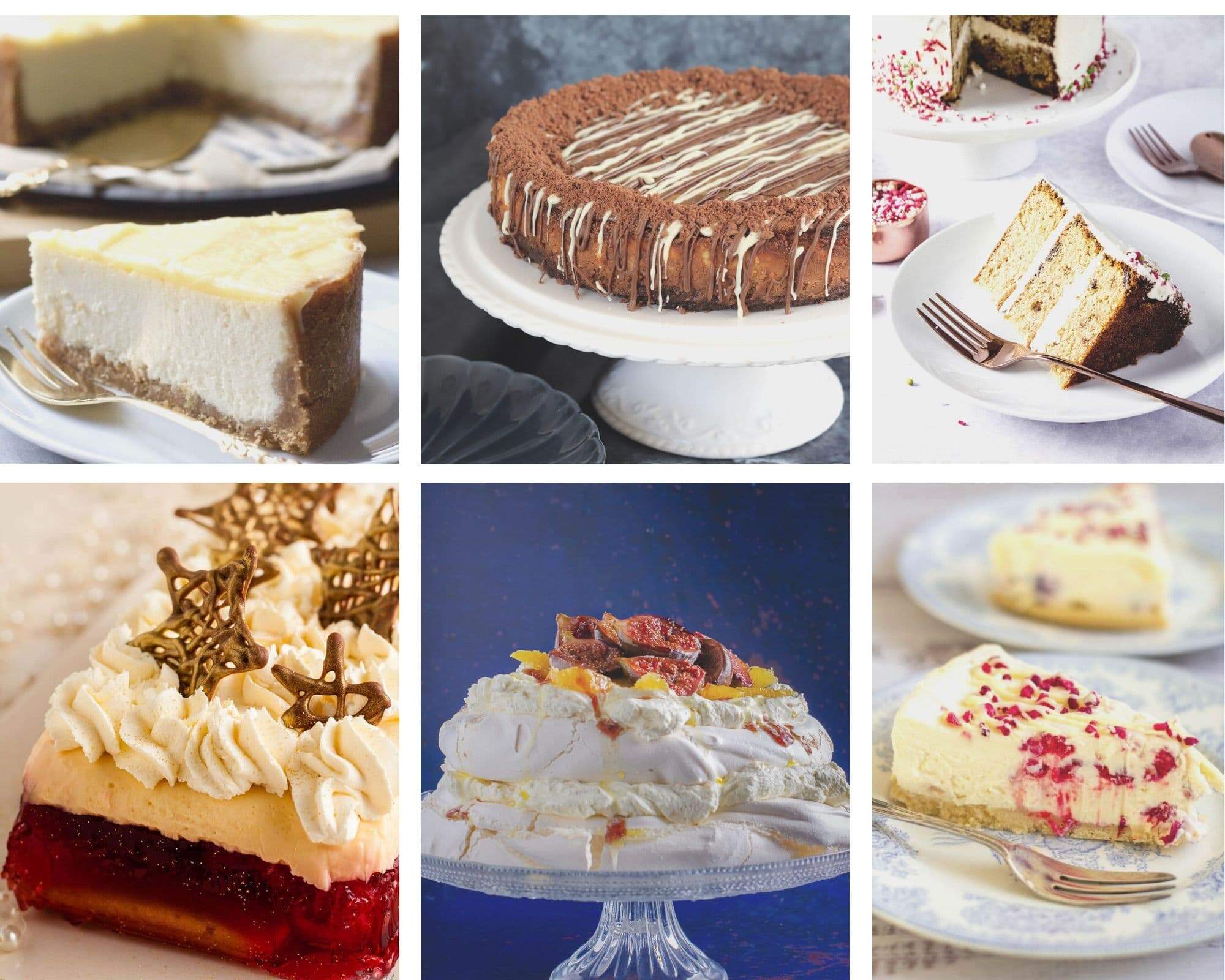 A collage of Christmas desserts from cheesecakes to trifles to cakes.