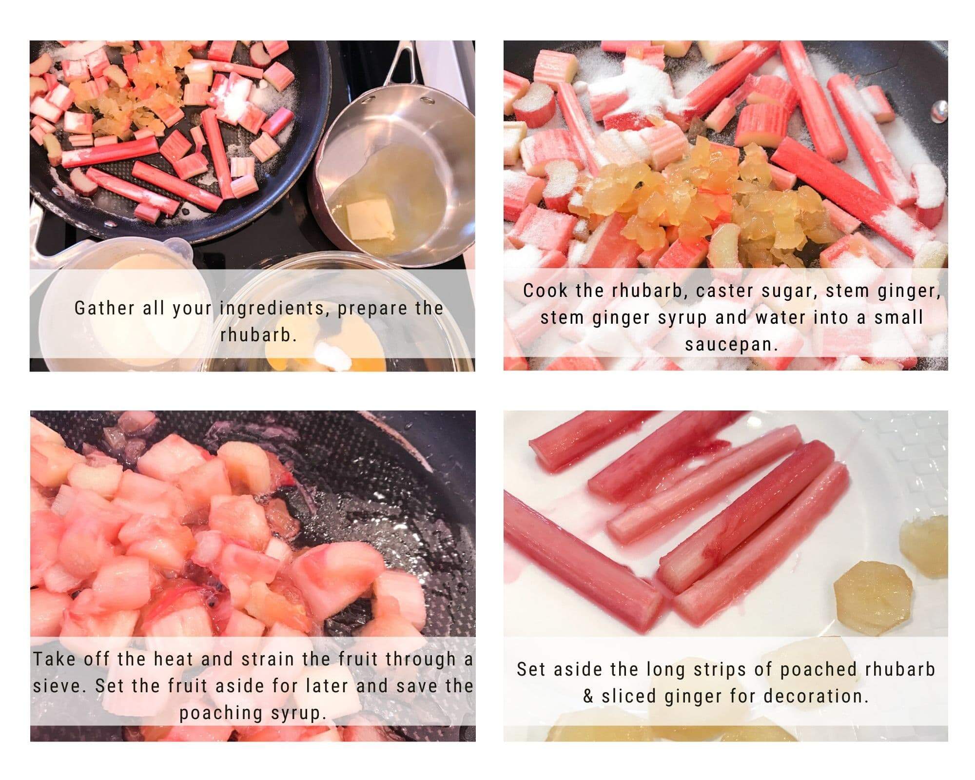 A collage of process images to show how to make a batter for clafoutis and decorate for a finished rhubarb clafoutis dish.