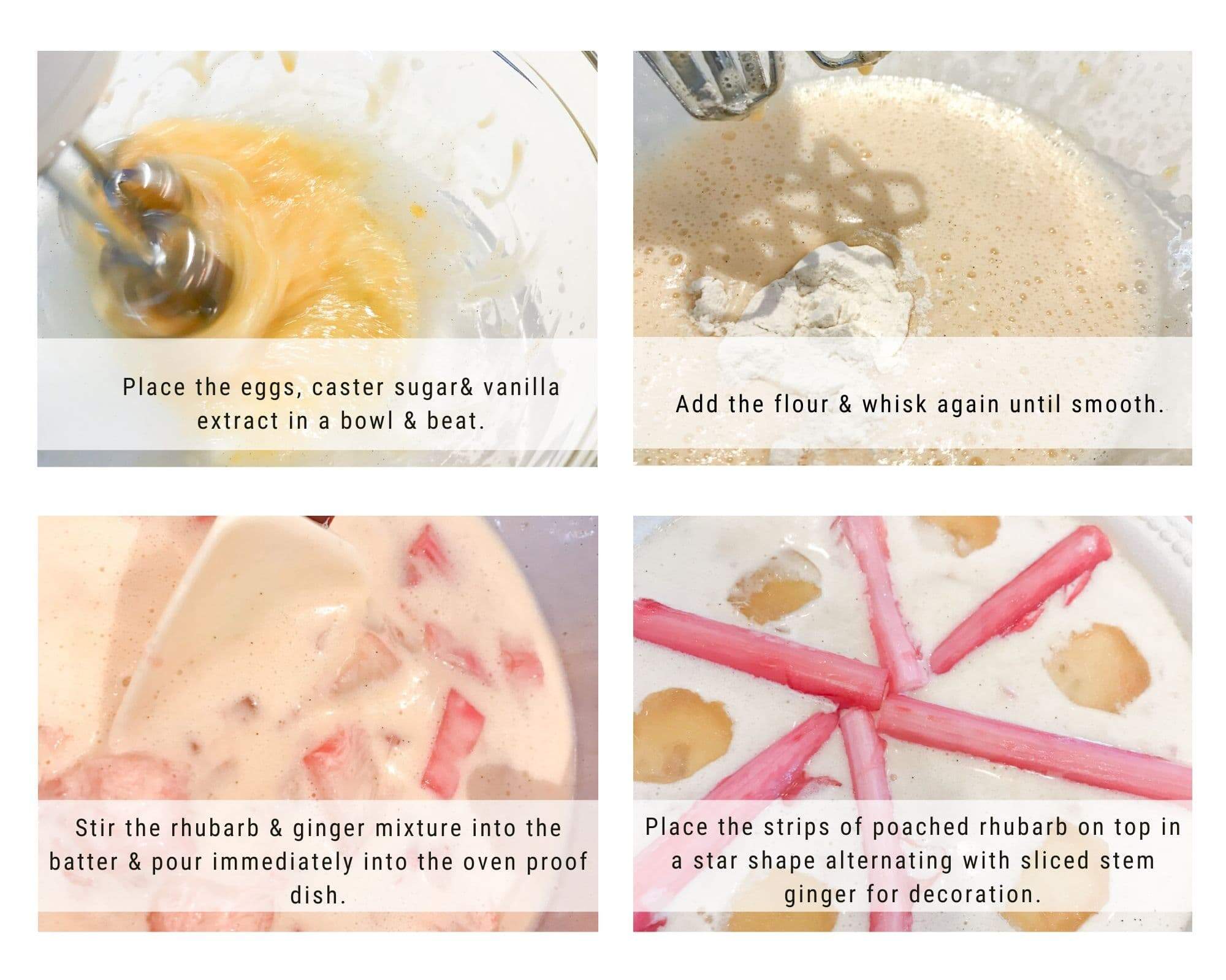 A collage of process images to show how to make a batter for clafoutis and decorate for a finished rhubarb clafoutis dish.