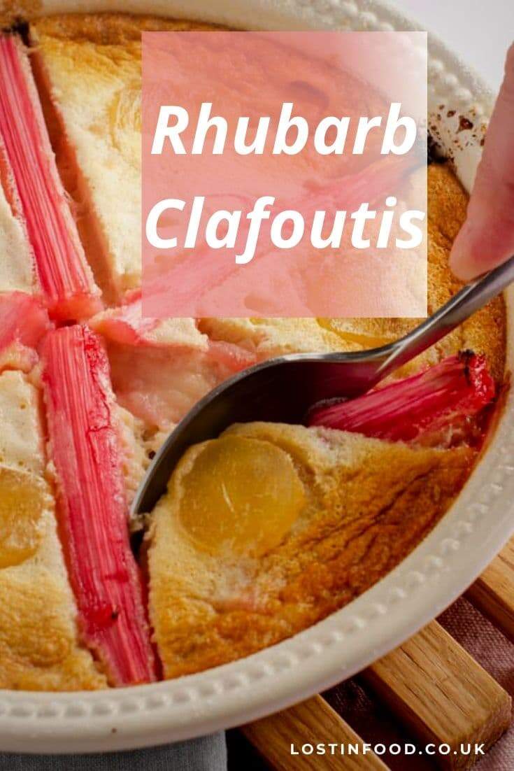 Rhubarb clafoutis with stem ginger, a deliciously light dessert. Baked to golden in the oven and best enjoyed immediately whilst still warm.