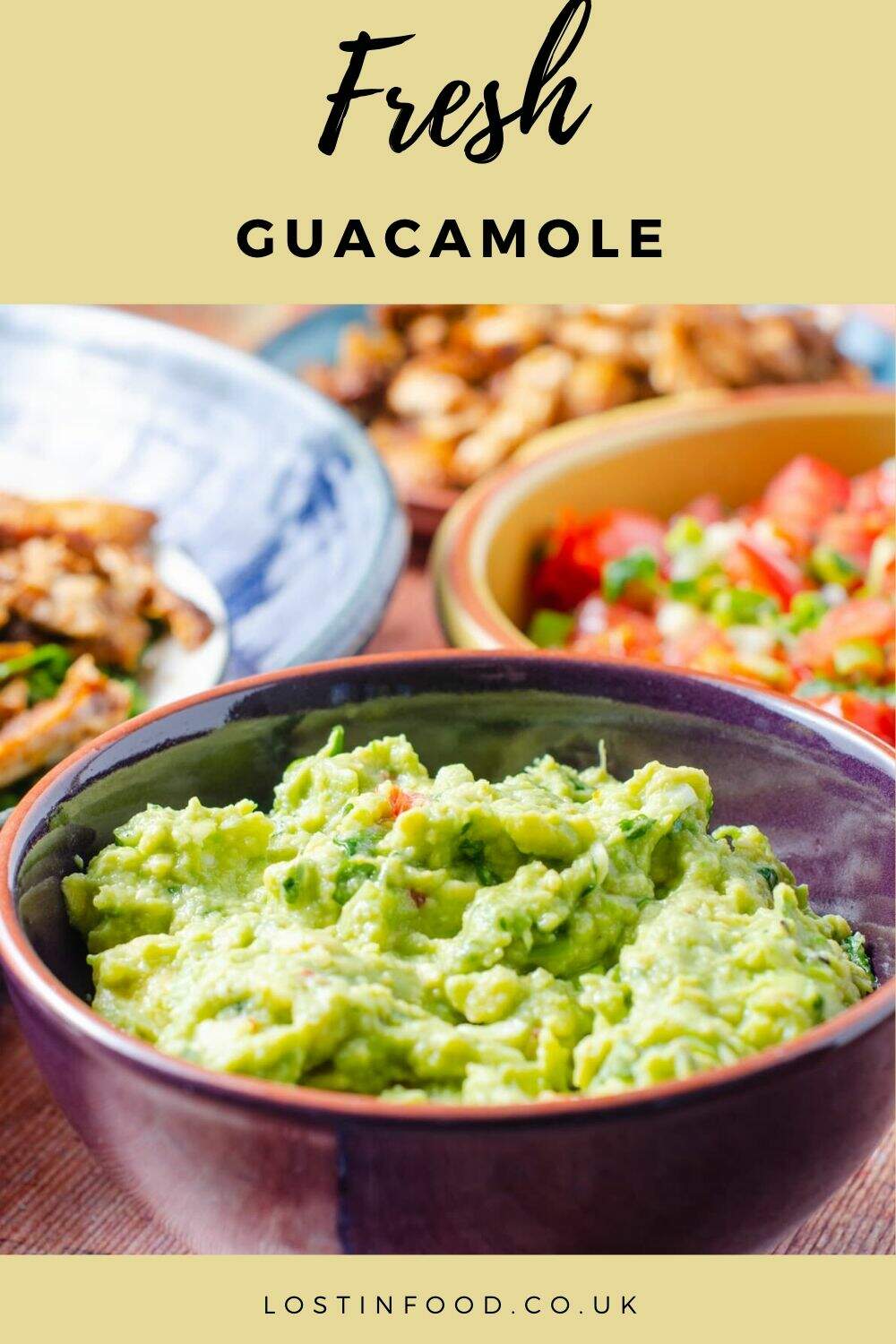 Super fresh and creamy guacamole with lime juice is the perfect accompaniment to any taco party! We've served with our easy chicken tacos loaded with spices and salsas in soft wraps, but equally great as a dip!