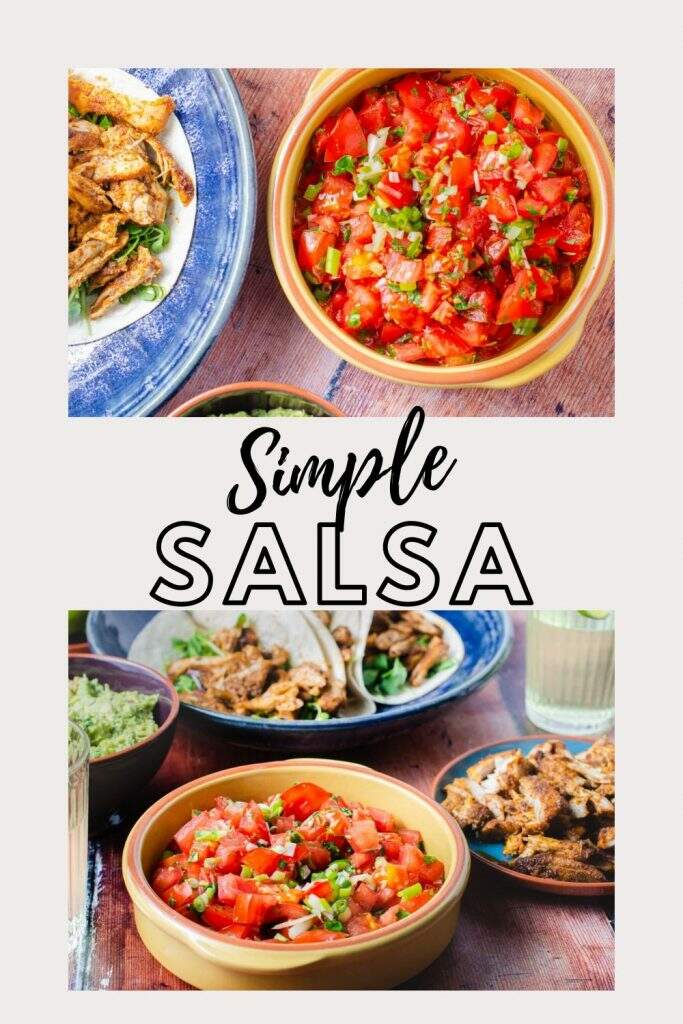 Simple and easy no cook fresh tomato salsa is the perfect side dish and addition to any taco party. Serve with marinated chicken thighs cooked under the grill and server with warm wraps and feed the family. Also great on its own with tortilla chips!