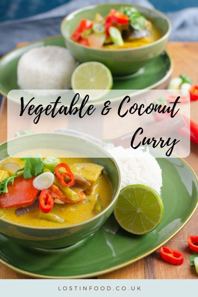 Vibrant vegetable and coconut curry served with rice in a green bowl and overlaid with text.