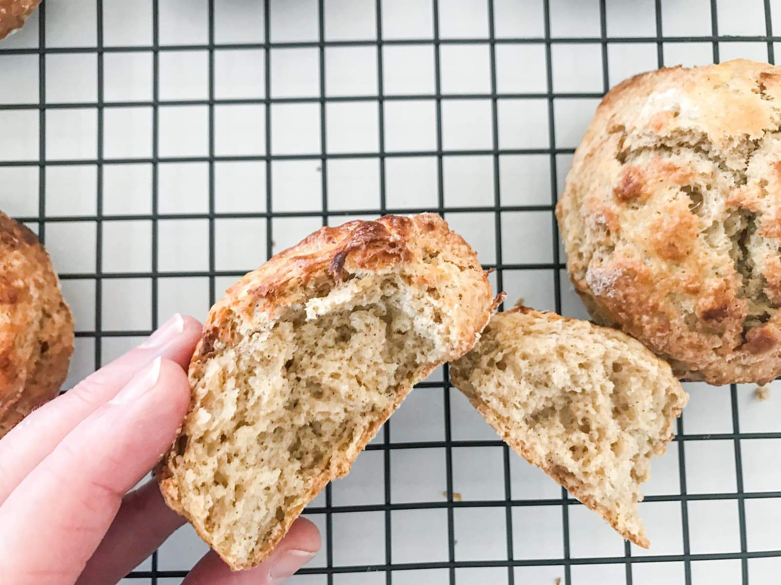 A cooling rack with scones from the oven and a hand opening one to show the texture inside the scone.