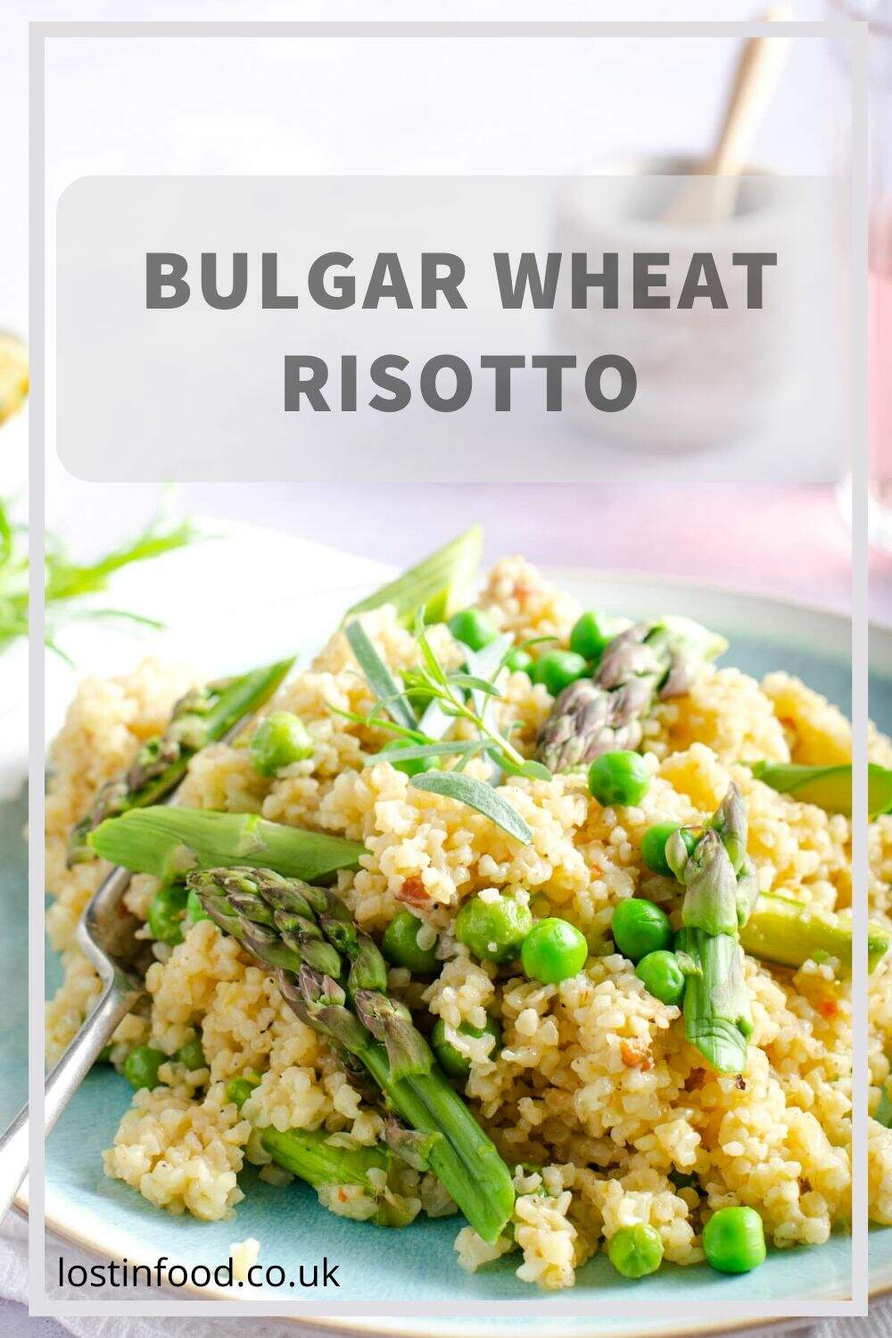 Bulgur wheat risotto, with new season asparagus, peas and smoked pancetta. A tasty dish that is simple and quick to prepare, making it a great mid-week dinner for all the family.