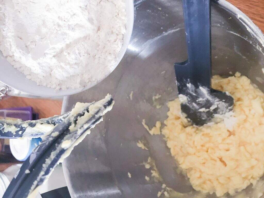 Butter and sugar mixed and ready to add flour to a stand mixer.