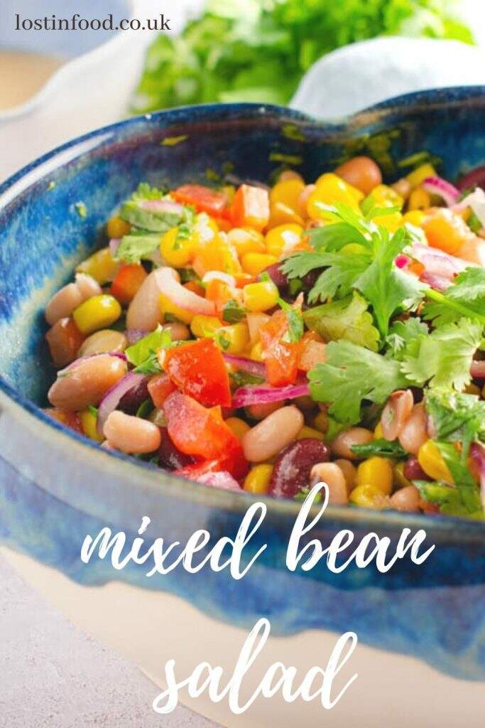 Mixed bean salad in a ceramic glazed bowl