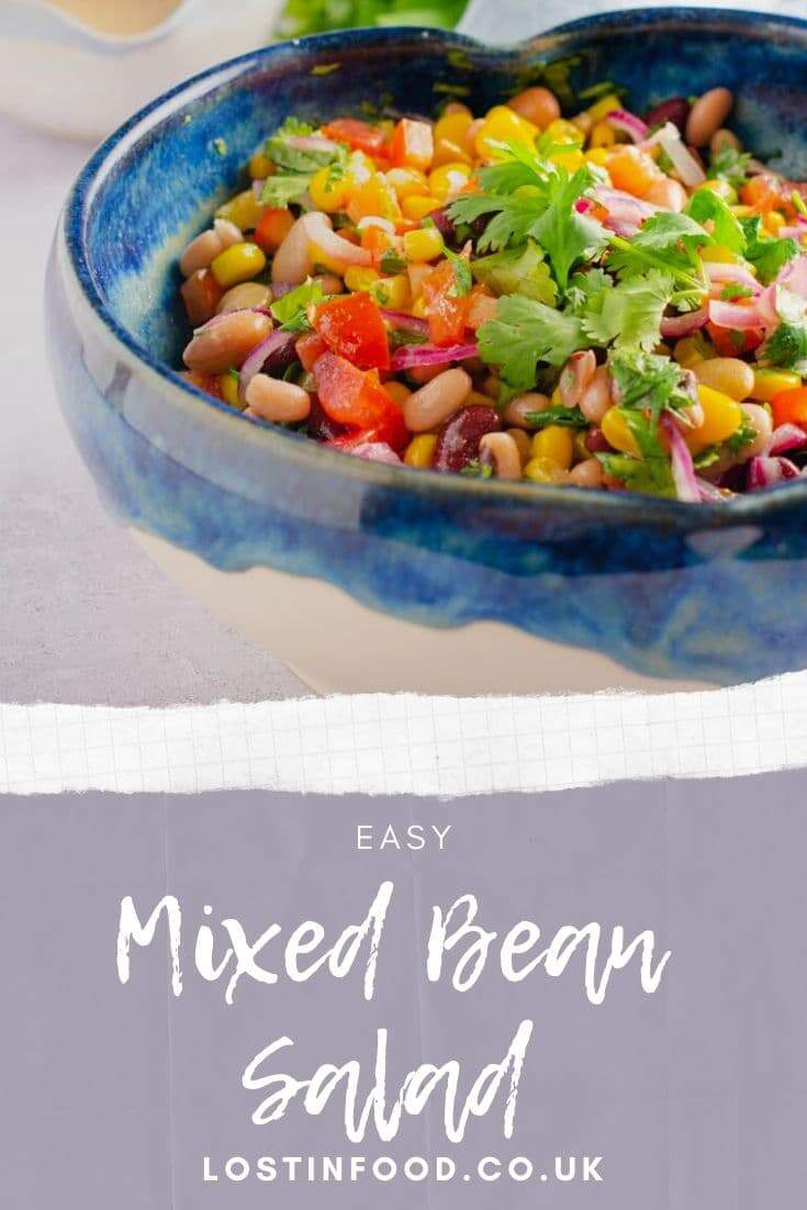 Pinnable image with recipe title and bowl of mixed bean and vegetable salad.