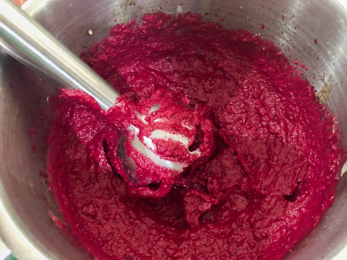 Beetroot hummus blitzed in a pan with a stick blender
