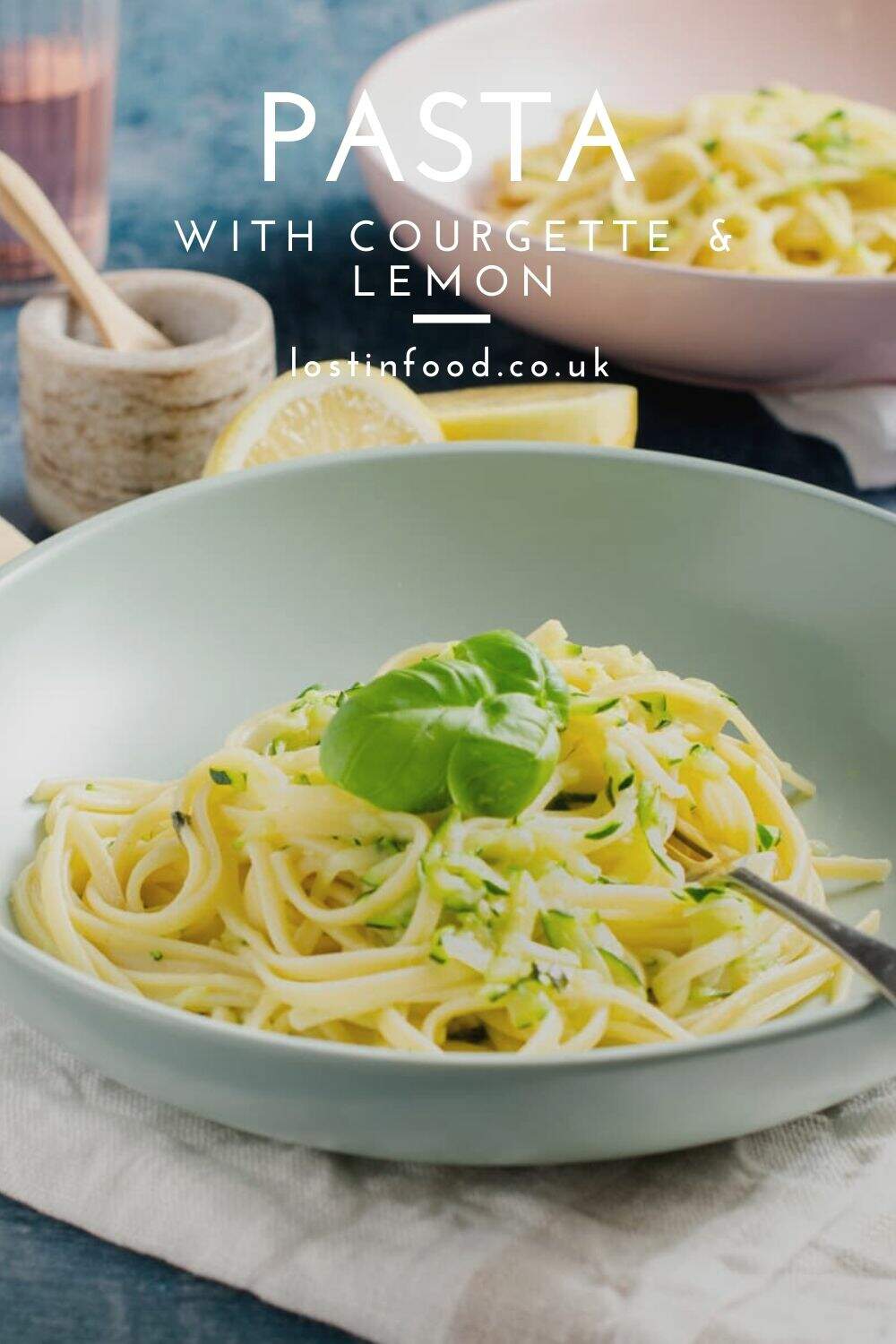 A large bowl of linguine with courgette and lemon