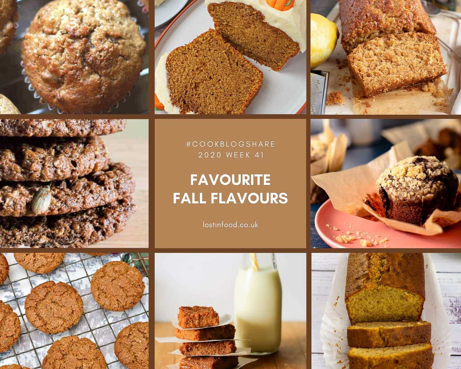 A collage of 8 different baking recipes for fall or autumn including pumpkins, apples and treacle.