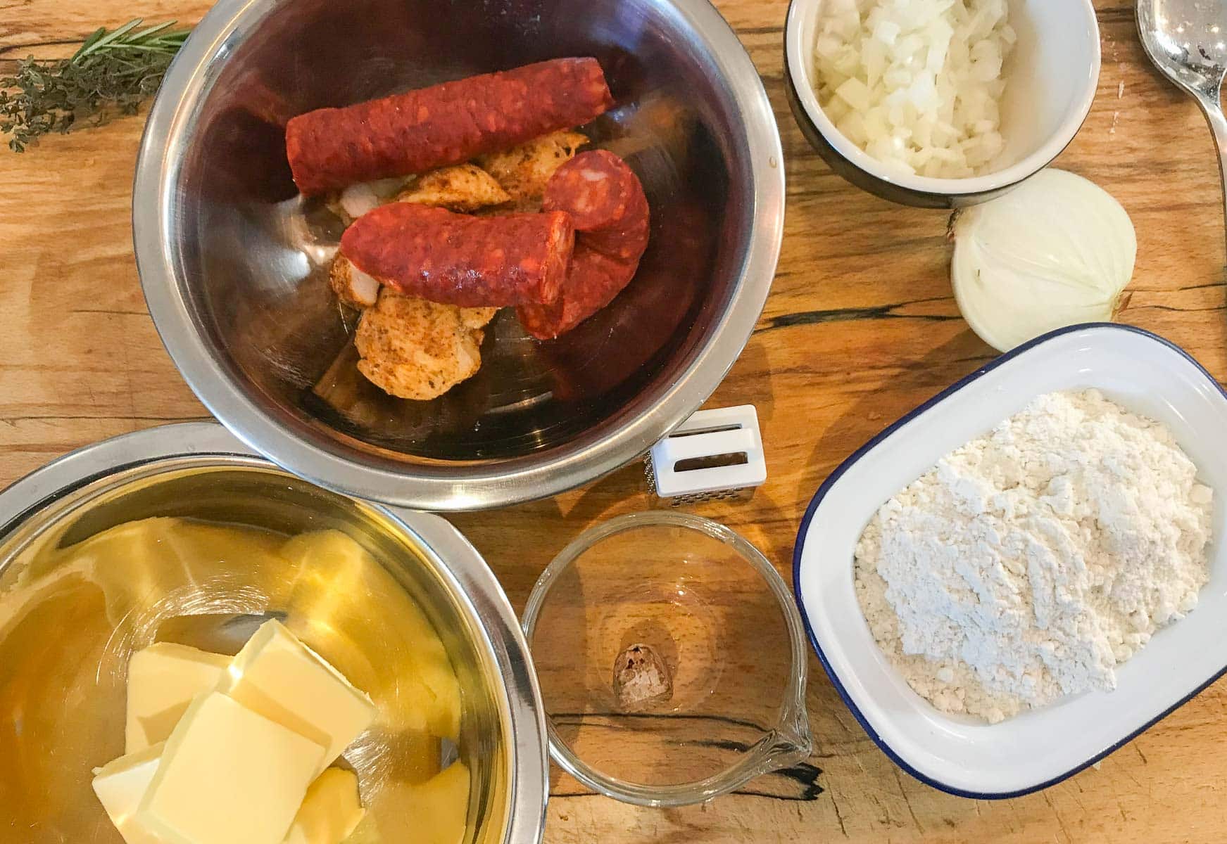 Ingredients to make chicken and chorizo croquettes.
