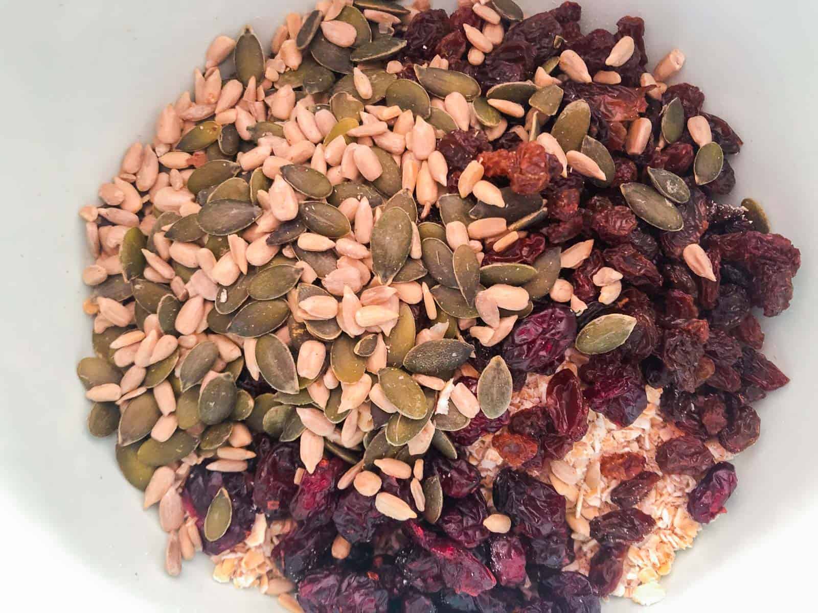 Oats, seeds and dried fruit mixture.