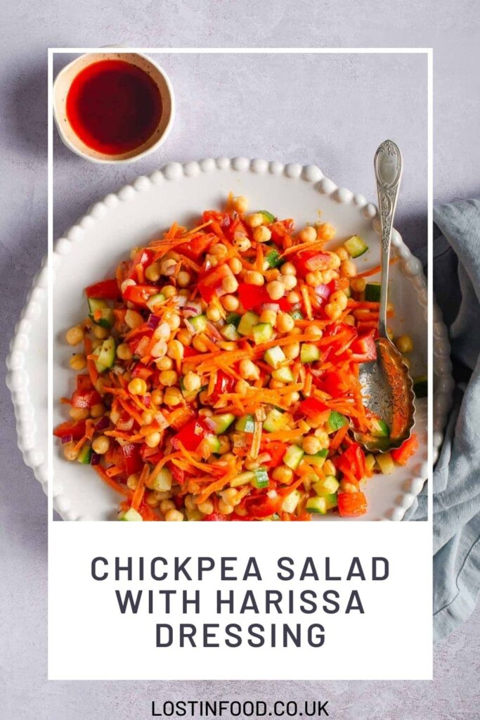 A pinterest graphic for a chickpea salad and rose harissa dressing.