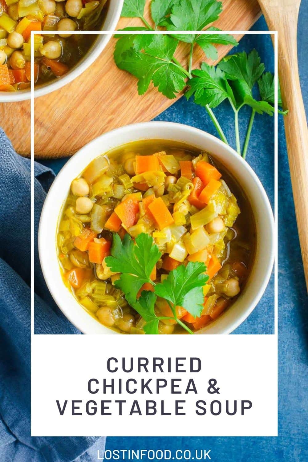 Pinterest graphic for curried chickpea soup image