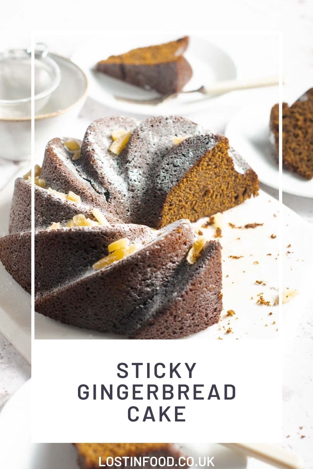 Pinterest graphic for sticky gingerbread bundt cake