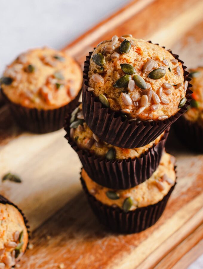 Looking at the top of a stack of carrot and courgette muffins.
