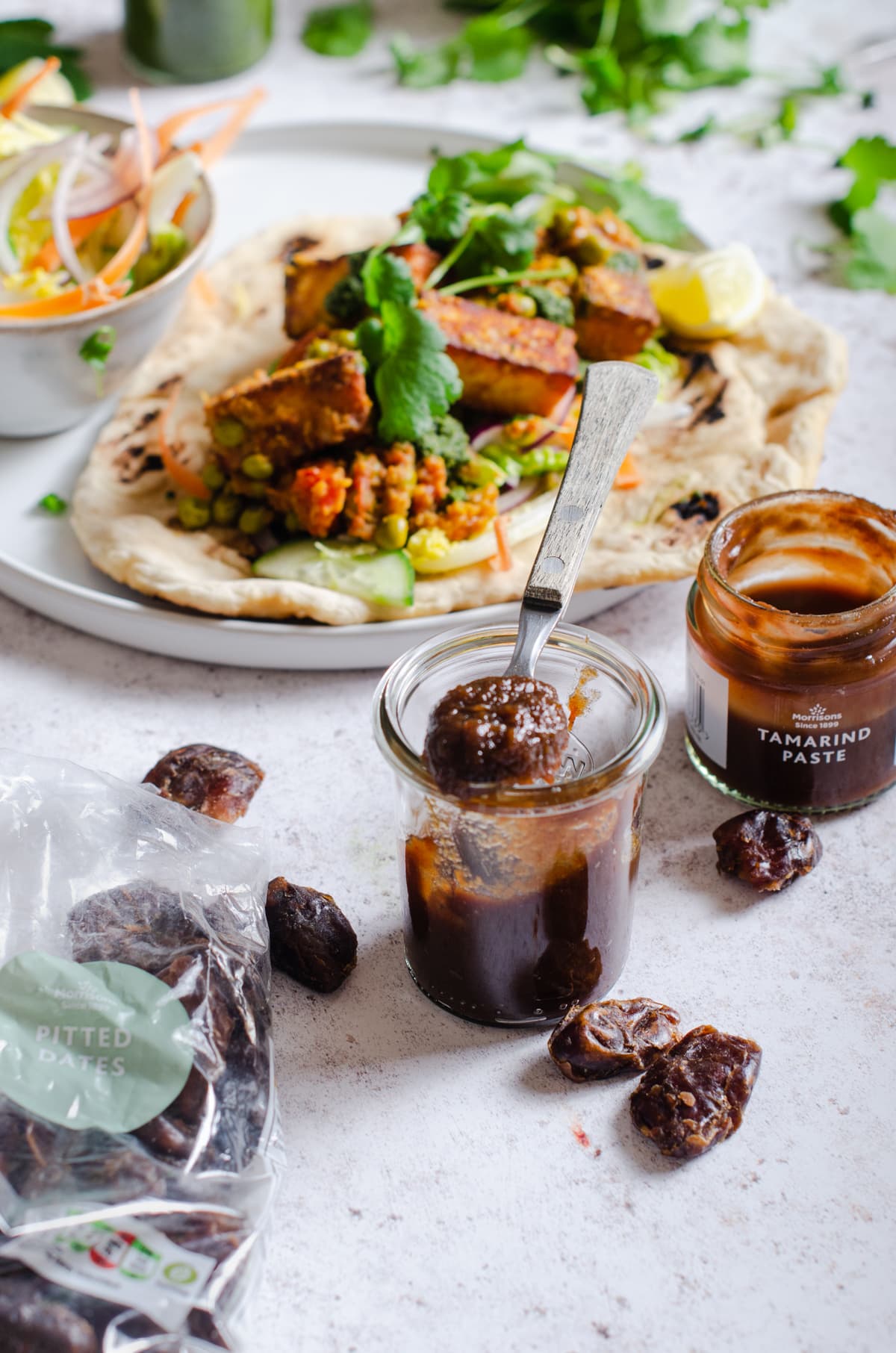 Date ad tamarind chutney as part of a curry wrap.