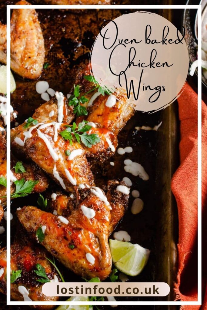 A pinterest graphic for oven baked spicy chicken wings.