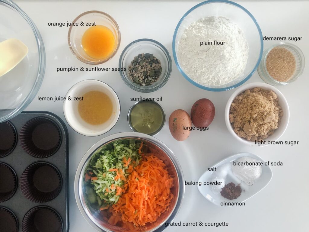 Ingredients need to make carrot and courgette breakfast muffins.