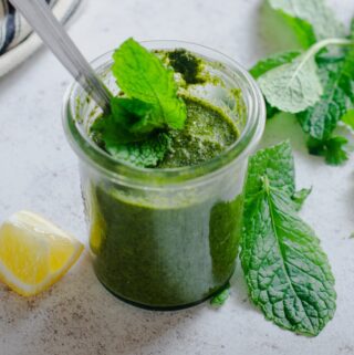 A vibrant green herb chutney to serve with any indian curry.