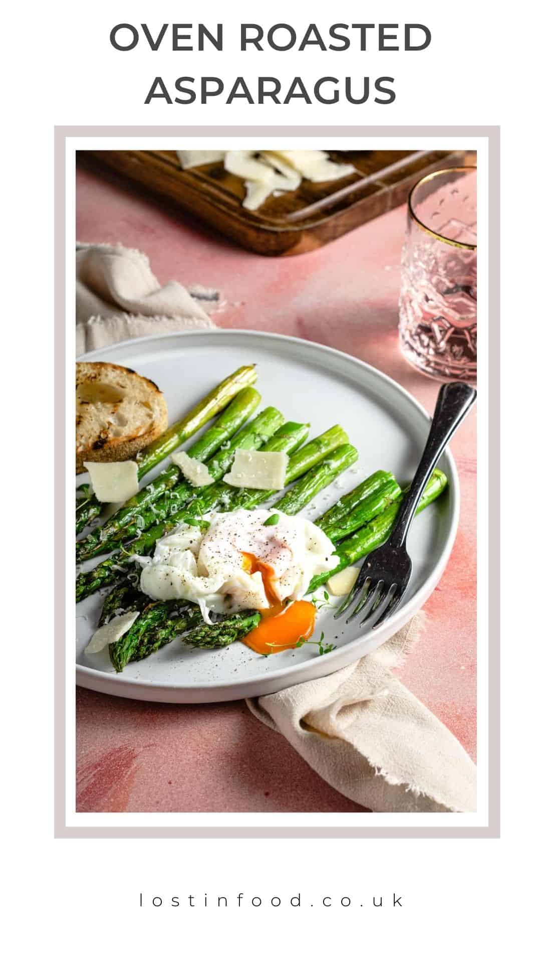 Pinterst graphic of roasted asparagus topped with cheese and a poached egg.