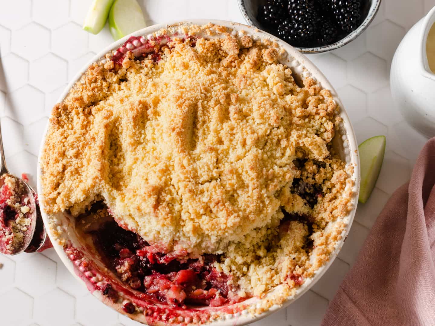 A blackberry and apple crumble freshly out of the oven.