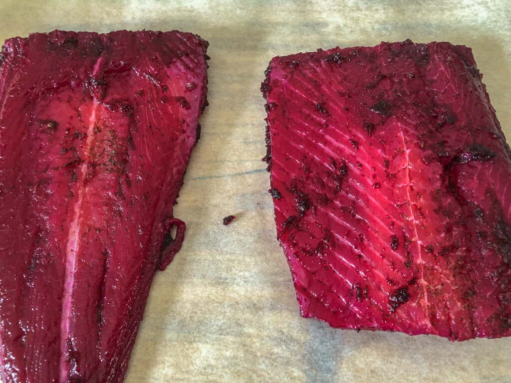 Salmon side after its been cured for 72 hours in a beetroot cure and most of the cure wiped from it.
