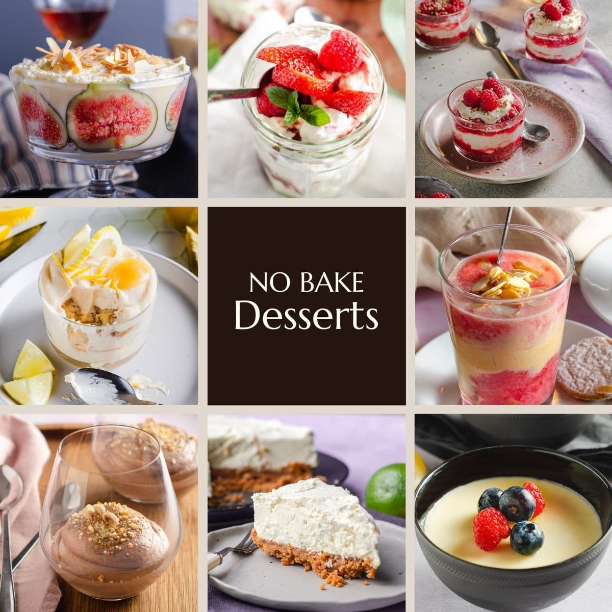A collage of 8 no bake desserts.