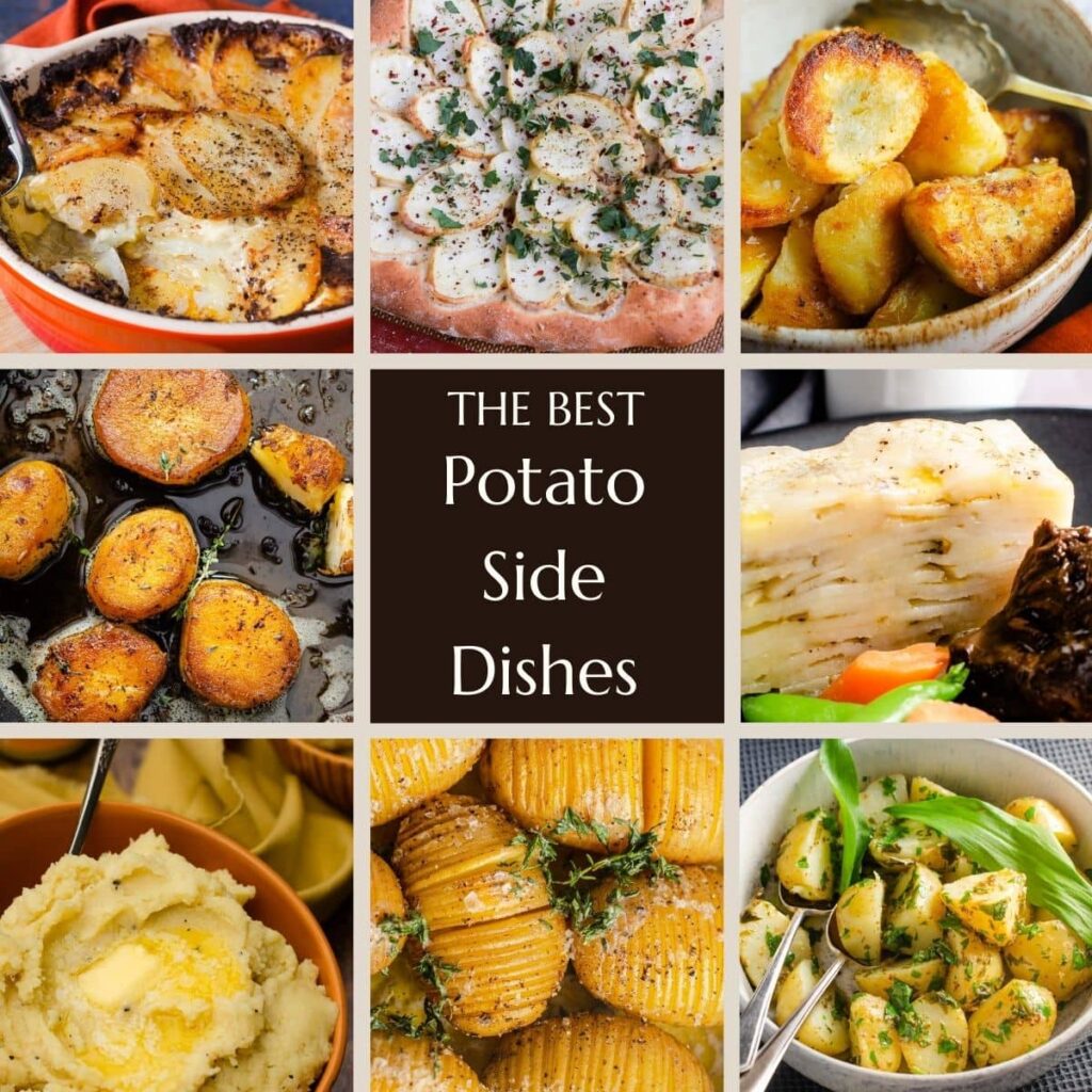 A collage of 8 different potato side dishes from mashed to fondant to roast, something for all tastes.